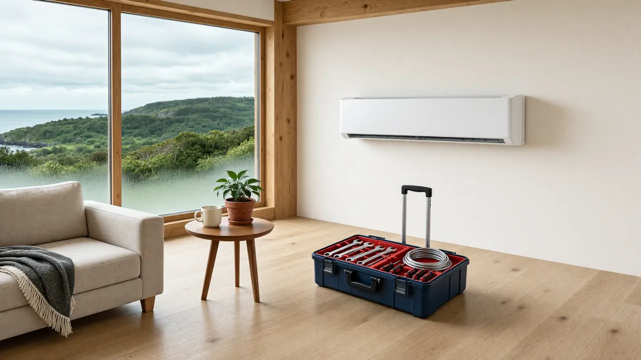 Equipo de aire acondicionado tipo split instalado en un living iluminado
