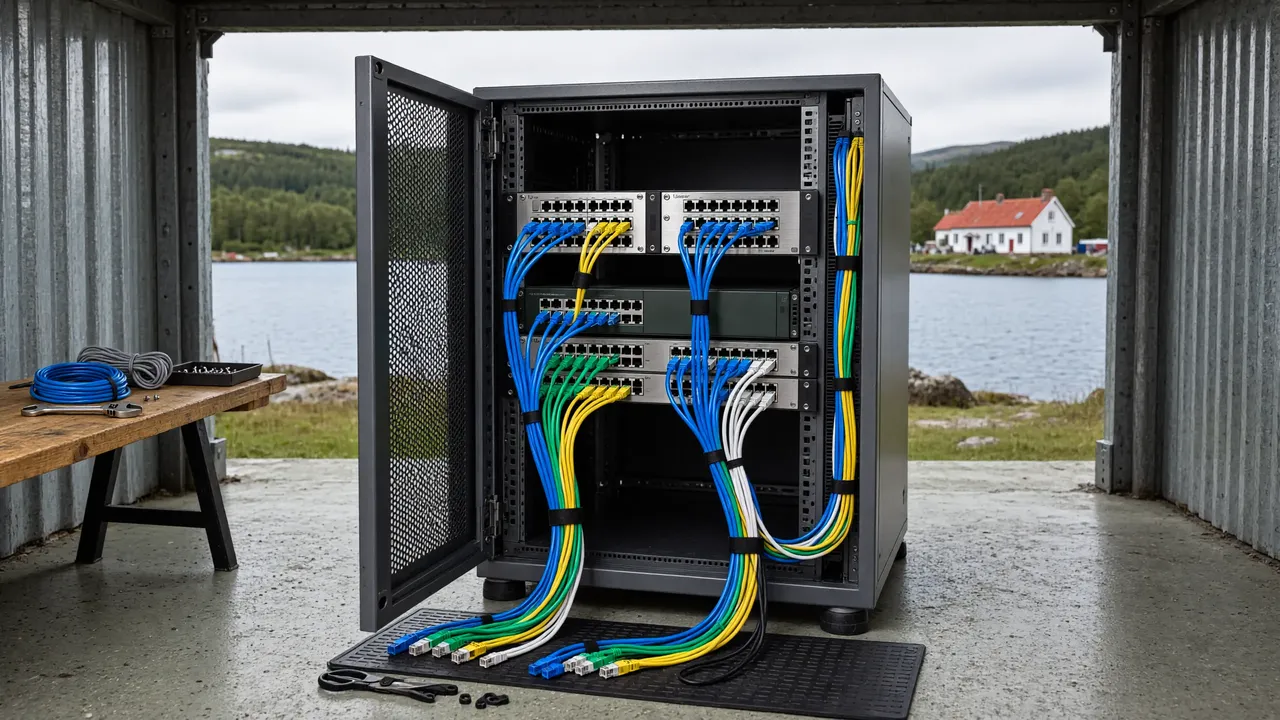 Cableado de red ordenado y marcado dentro de un rack de servidor