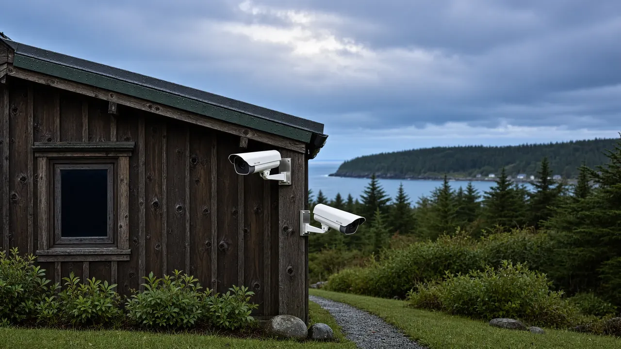 Dos cámaras de seguridad exteriores instaladas en la fachada de una casa rural
