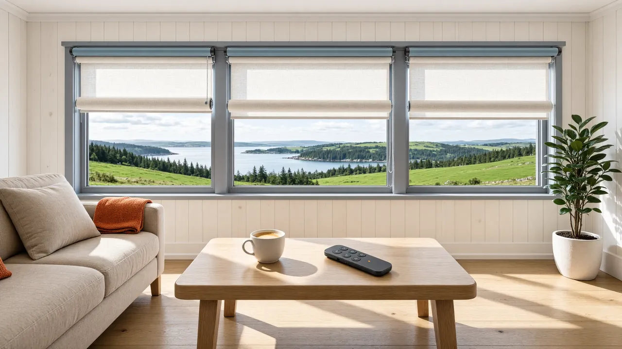 Cortinas enrollables motorizadas medio abiertas en un living con luz natural