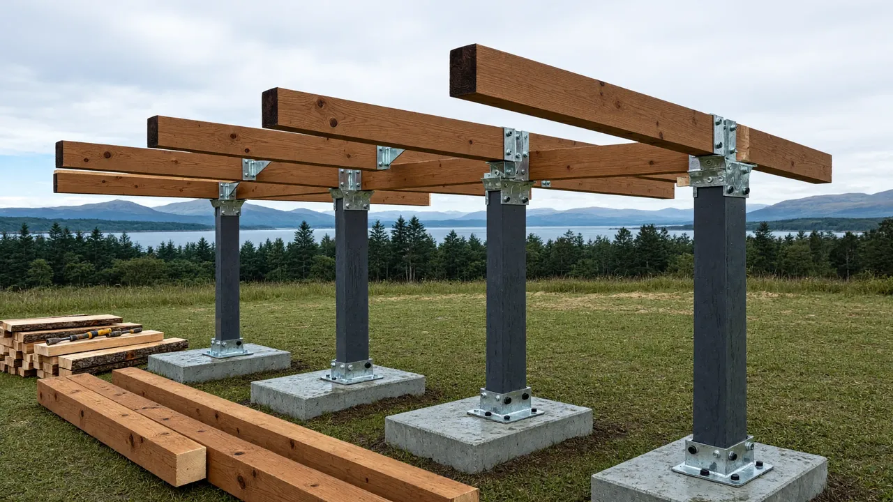 Estructura de madera y metal de un cobertizo montada sobre bases de hormigón
