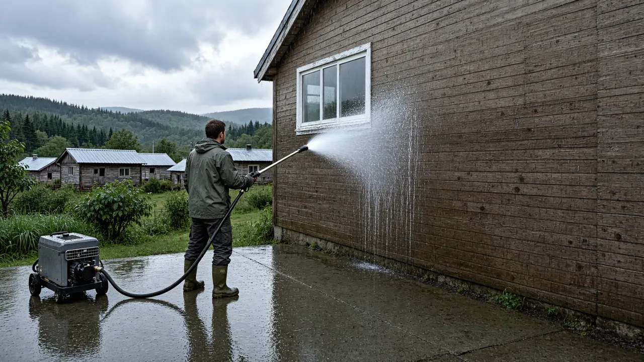 Hidrolavado de un patio exterior con agua a presión frente a una casa de Chiloé
