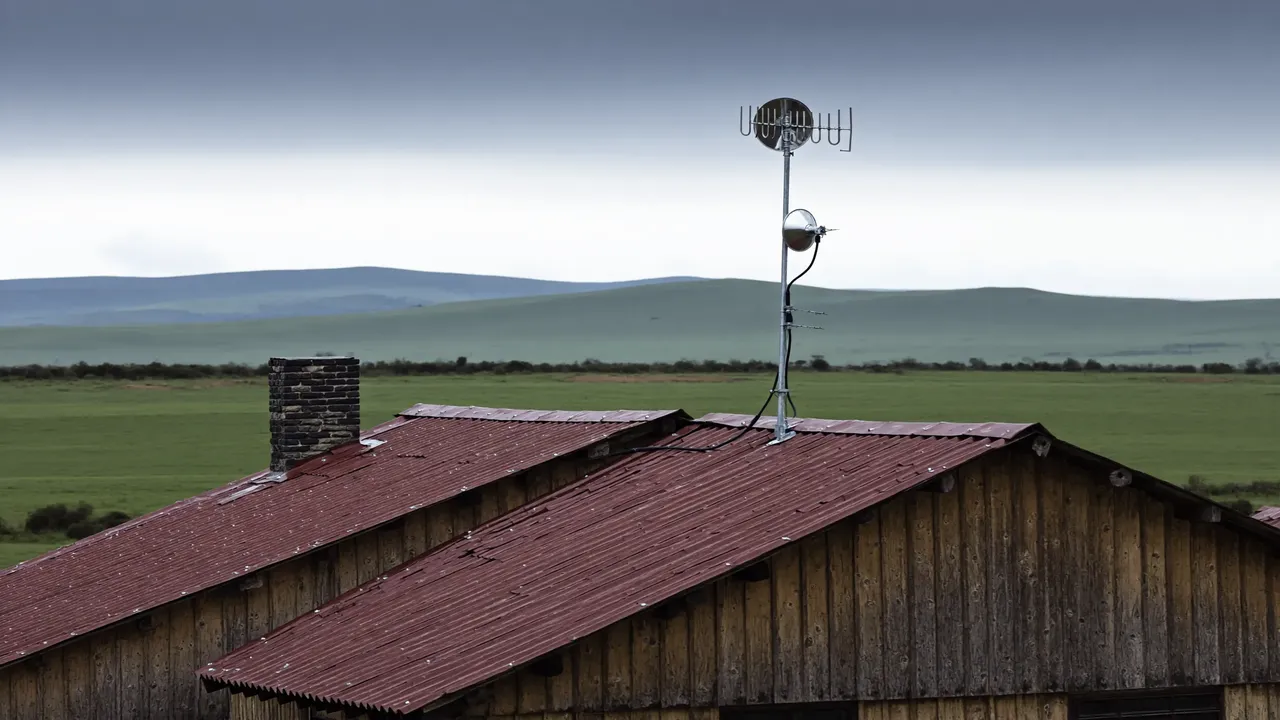 Antena de TV instalada en el techo de una casa de madera con cerros verdes de fondo