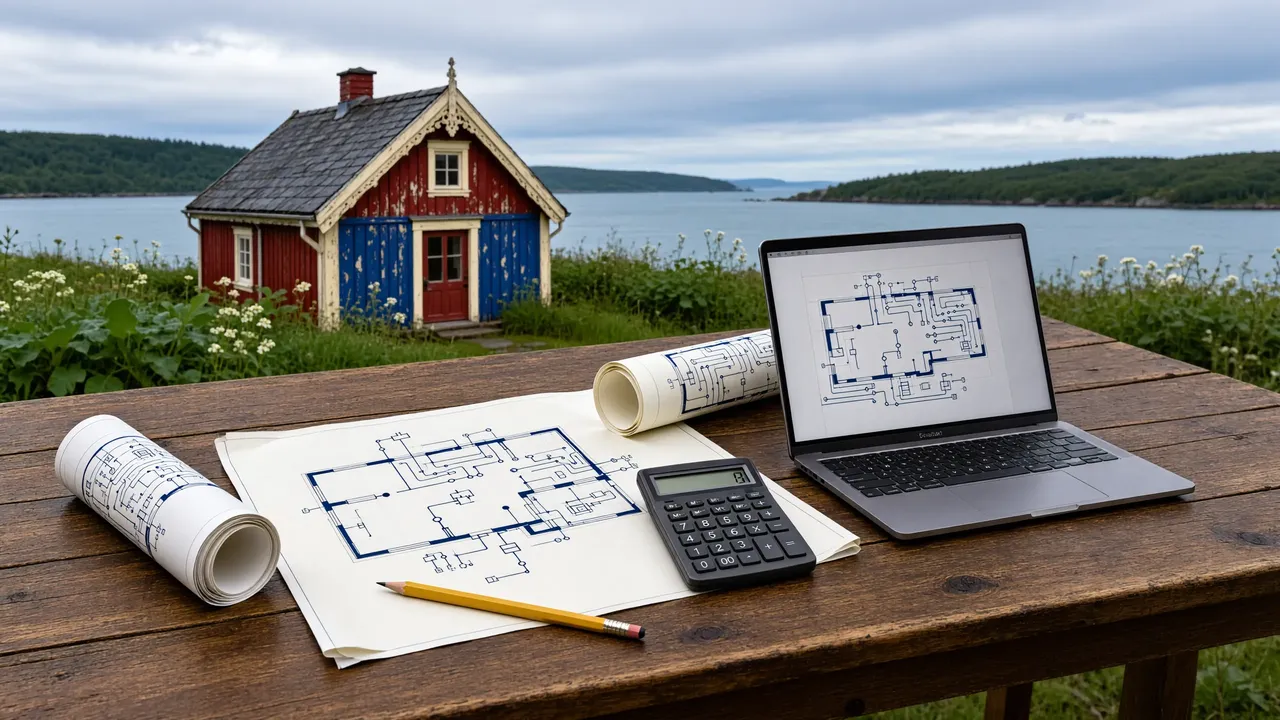 Planos técnicos de una instalación eléctrica sobre una mesa de trabajo con regla y calculadora