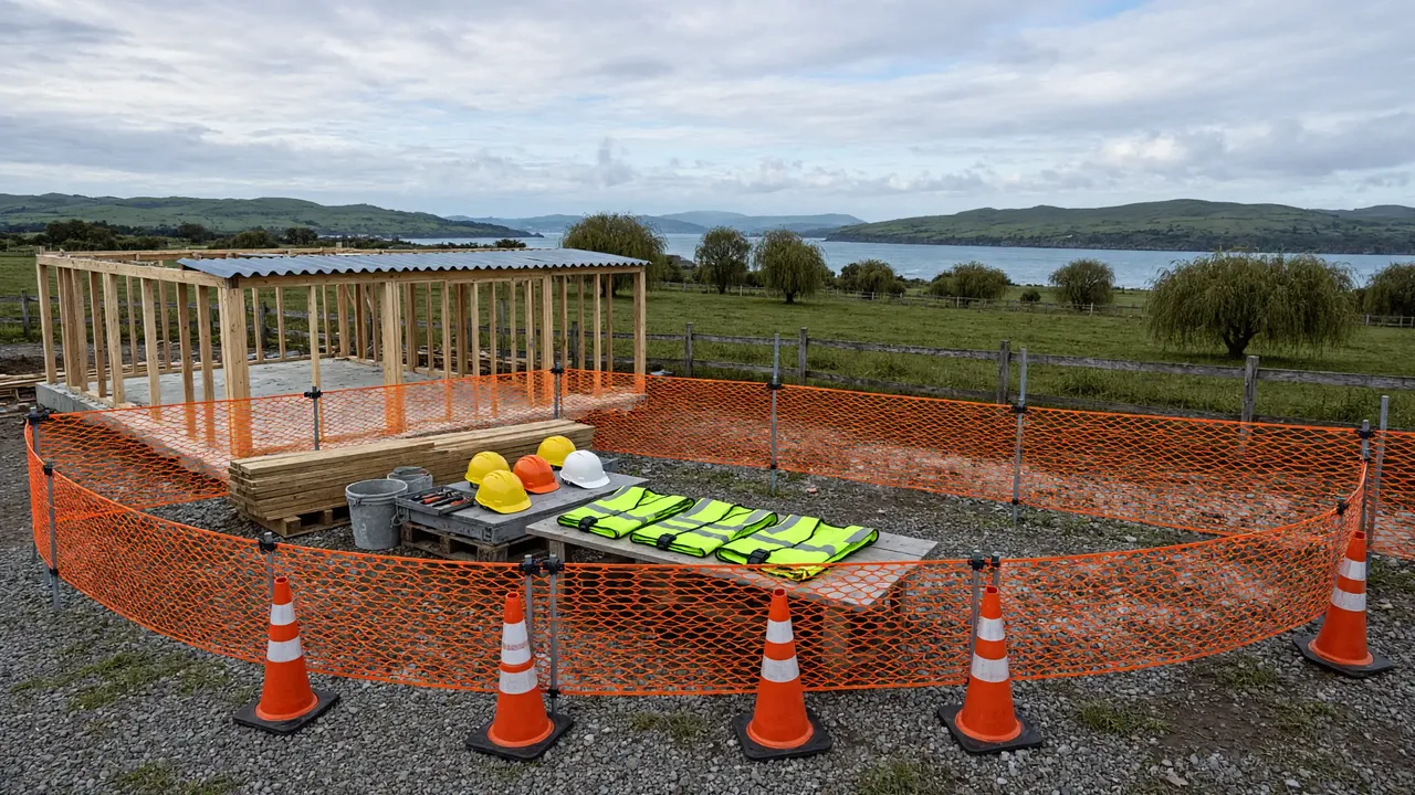 Obra con cascos, chalecos de alta visibilidad y barreras de seguridad