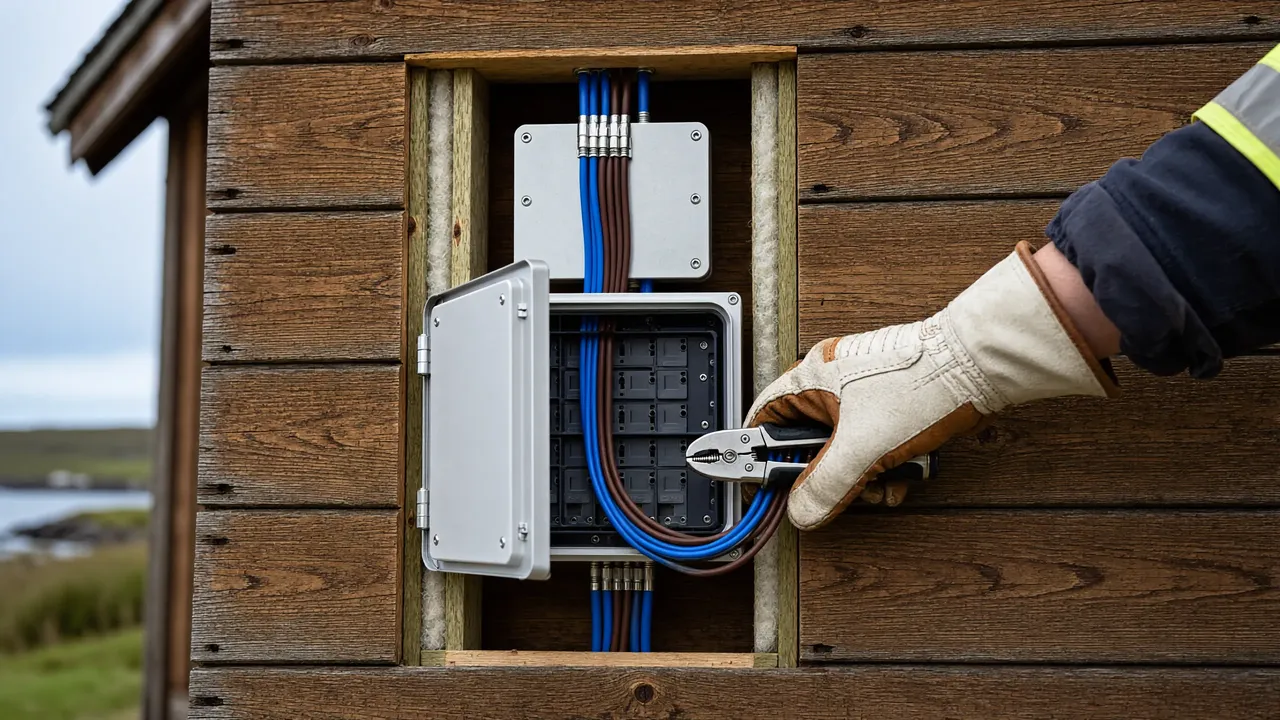 Electricista instalando un tablero eléctrico ordenado dentro de una pared